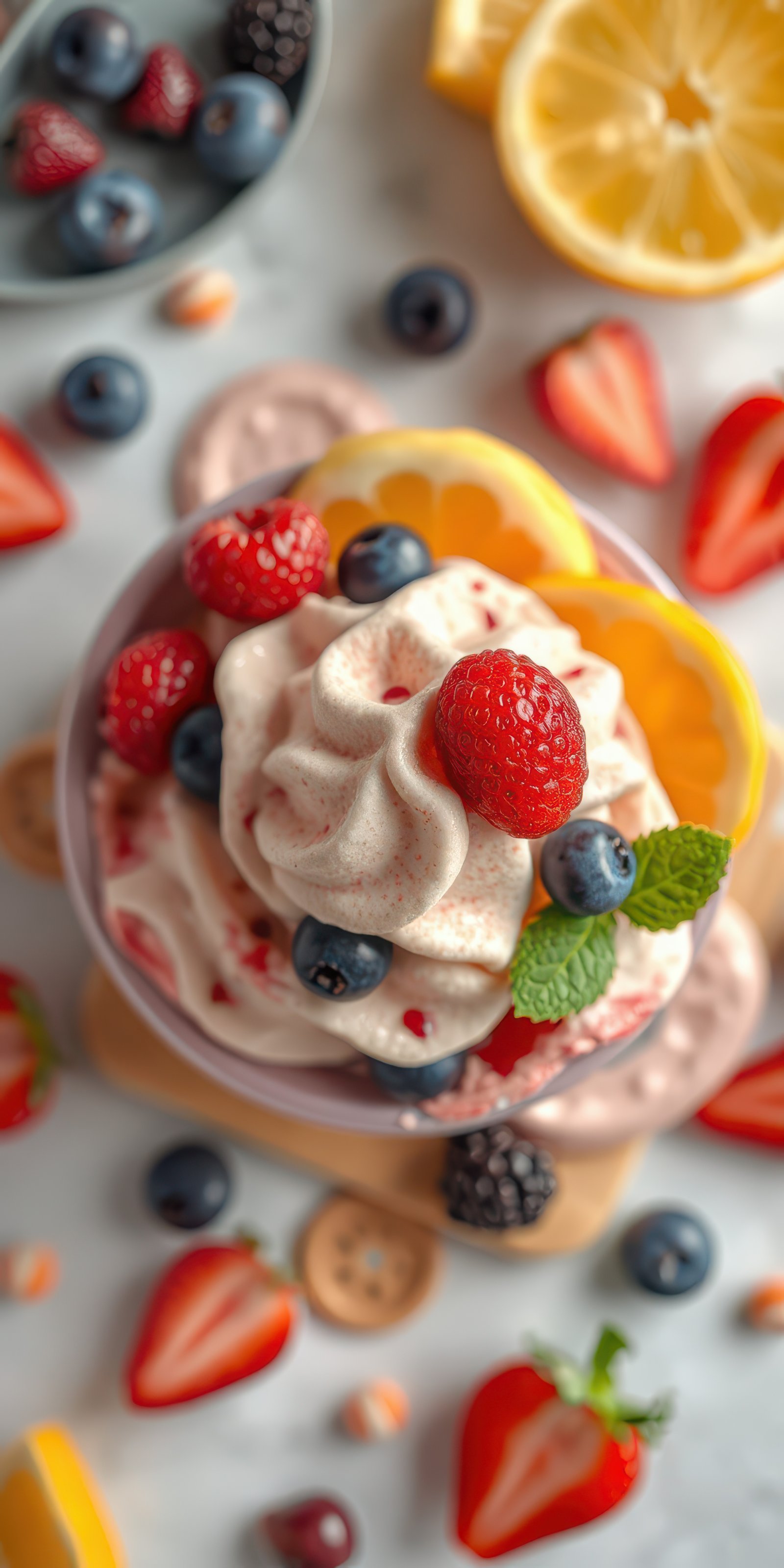 Delicious dessert bowl topped with fresh strawberries, blueberries, and mint leaves on a vibrant table